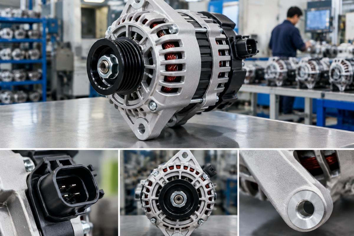 12V 14A alternator for Kubota B-Series cross reference fitment showing connector and mounting flange