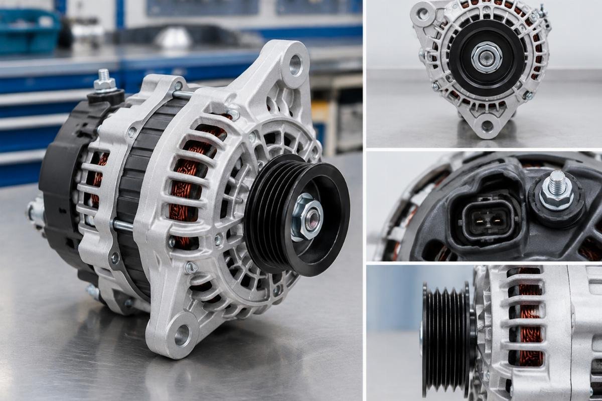 12V 14A alternator for Kubota Z482 D722 showing mounting flange, connector position, and pulley alignment