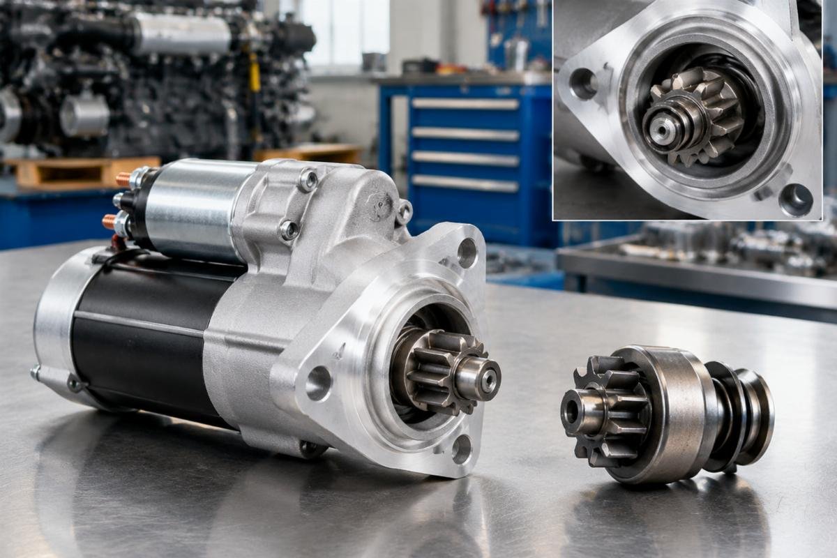 12V 9T starter motor flange and drive gear detail for Kubota D1105 fitment verification
