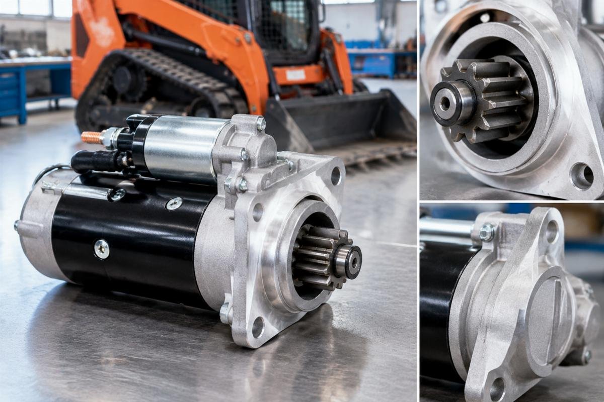 12V 9T Starter Motor for Kubota SVL75 compact track loader β pinion gear and mounting flange detail