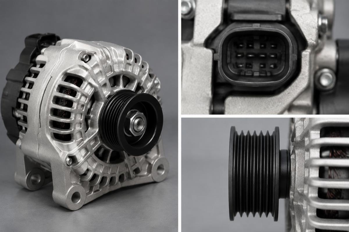 12V alternator A187873 connector type and pulley alignment detail for CASE loader fitment