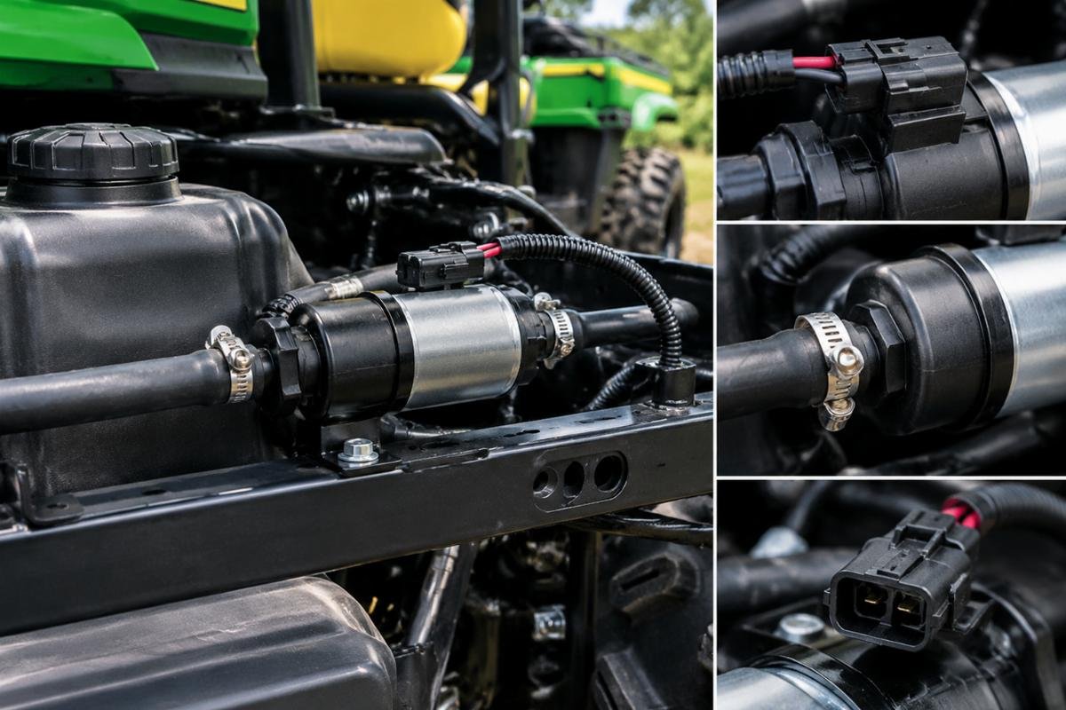 12V Electric Fuel Pump AM876265 installed on John Deere Gator fuel line with port and connector detail