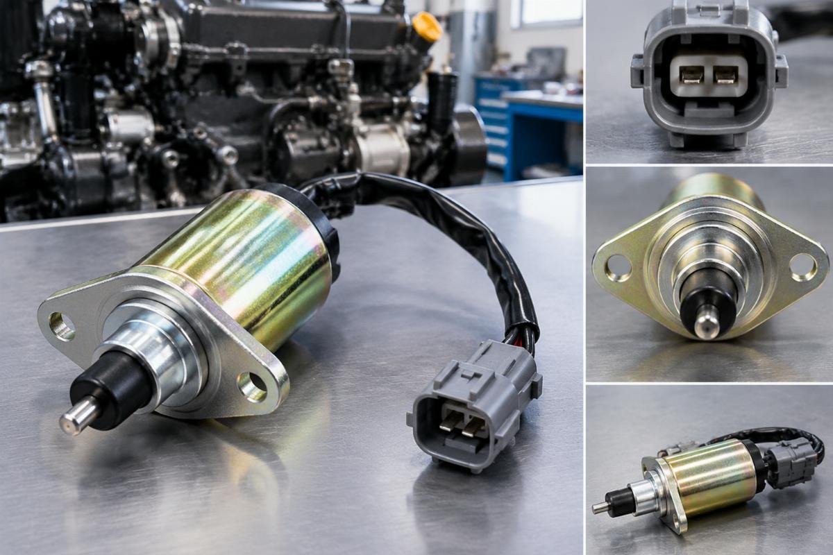 12V Fuel Shutoff Solenoid for Kubota D905 V1505T cross reference showing connector type and mounting flange