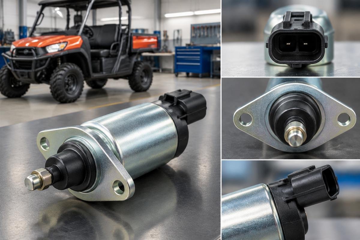 12V Fuel Stop Solenoid 16851-60014 connector orientation and mounting flange detail for Kubota RTV900