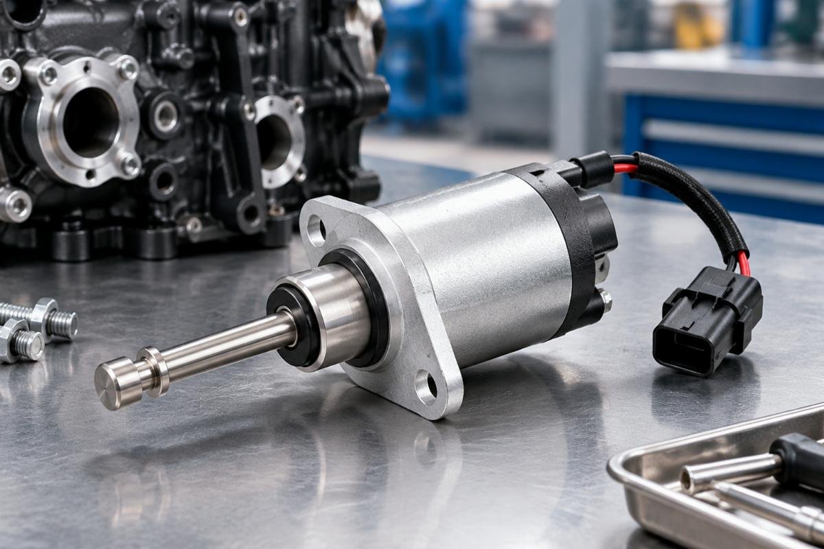 12V Shutoff Solenoid Valve for Kubota D722 D782 D902 showing aluminum housing and stainless steel plunger rod