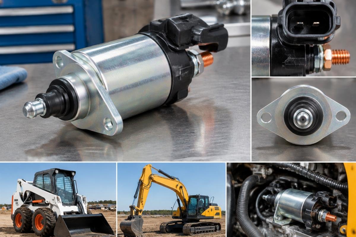 12V Stop Solenoid 6681513 for Bobcat Skid Steer & Excavator fitment / cross reference showing connector orientation and mounting face detail