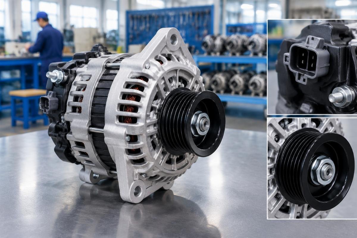 40A 12V Alternator for Kubota D722–D1505 showing T-plug connector and 68mm pulley