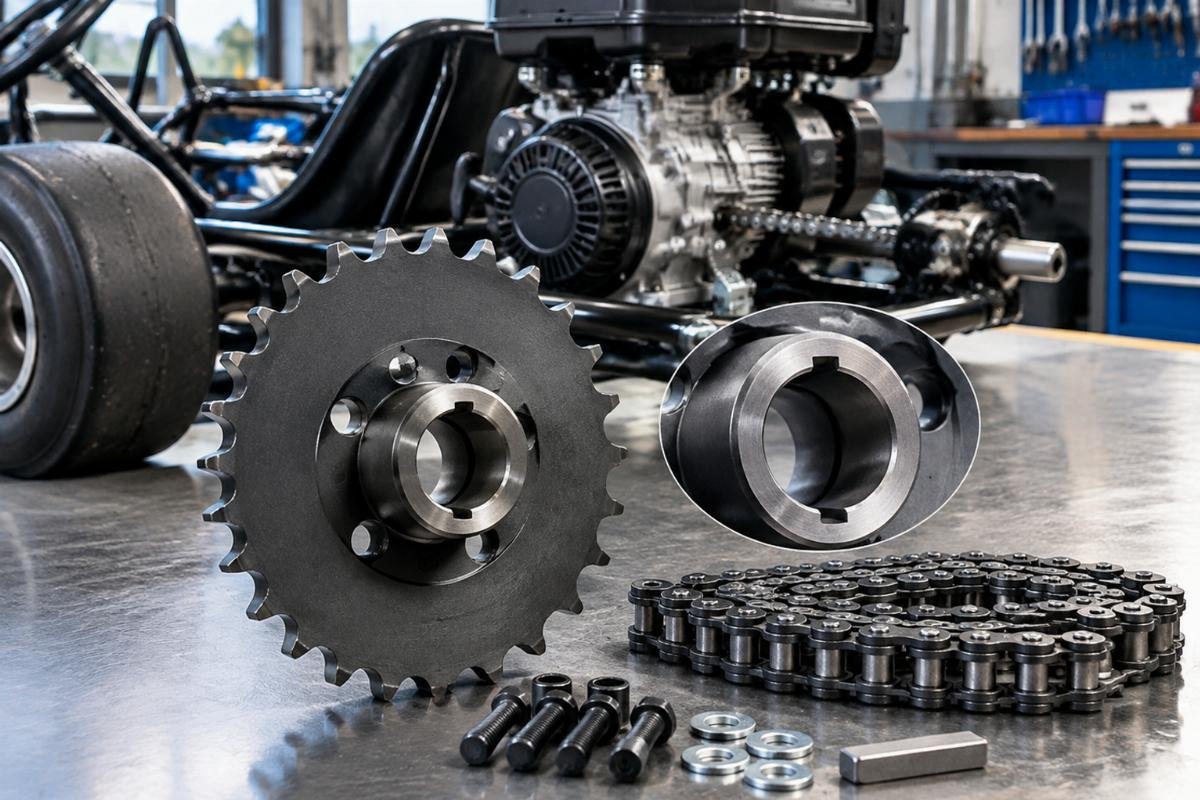 420 chain sprocket kit showing 25-tooth profile and hub bore detail for Coleman KT196 go kart