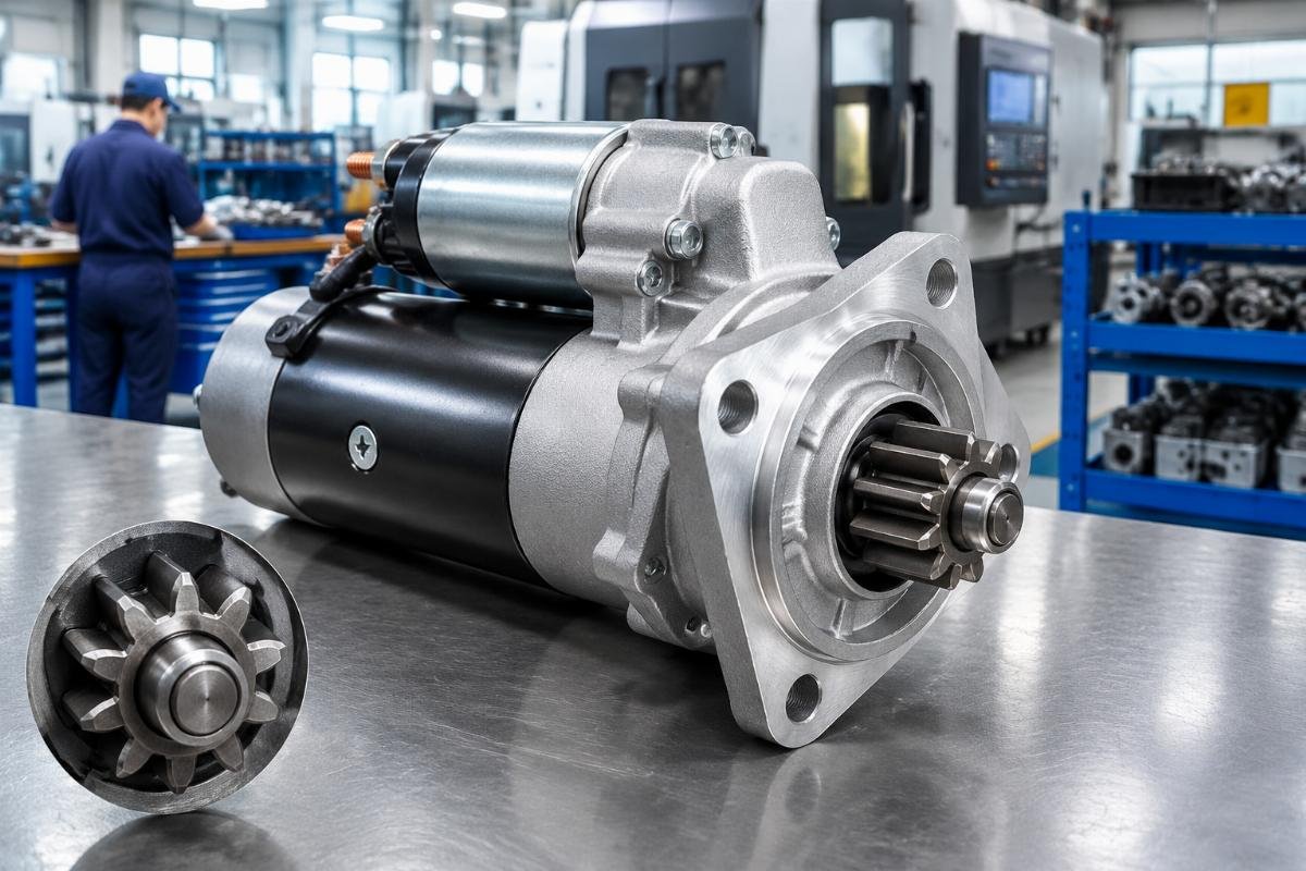 Aftermarket starter motor 4996706 for Cummins engines showing 10T pinion gear and mounting flange