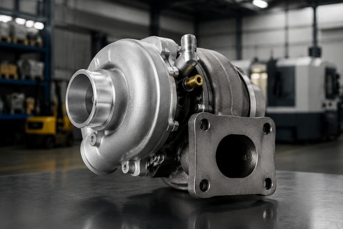 Aftermarket turbocharger 1J716-17010 showing oil port orientation and exhaust flange bolt pattern for Kubota SVL65-2 fitment