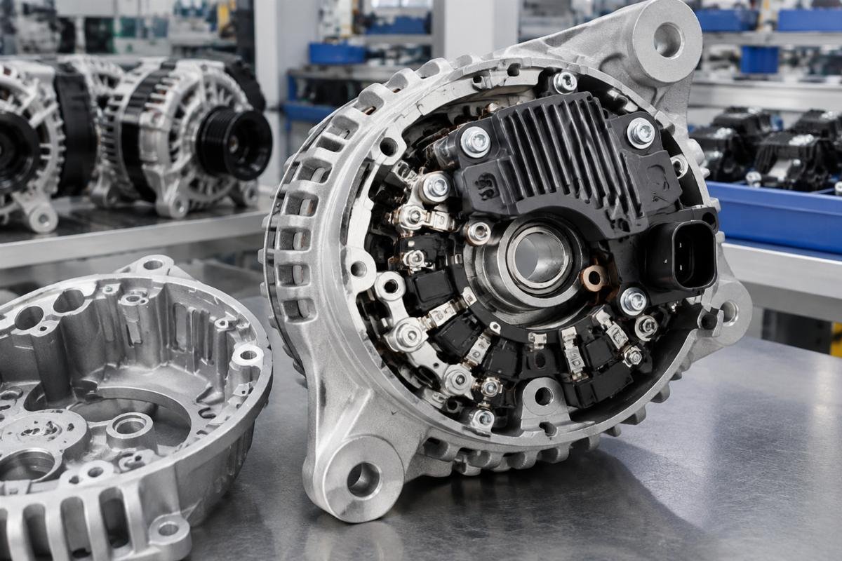 Alternator housing detail showing die-cast aluminum construction and integrated rectifier regulator