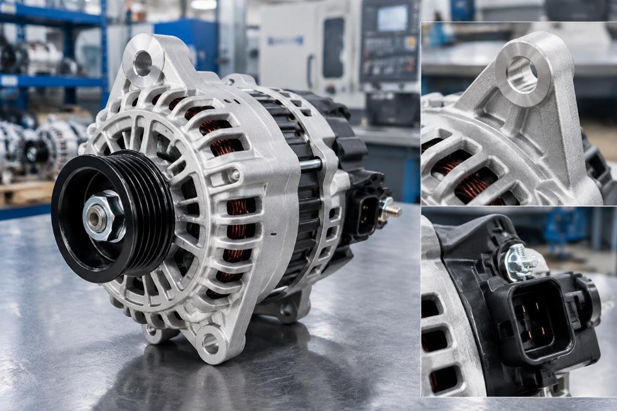 Alternator mounting flange and connector detail for Yanmar and John Deere fitment