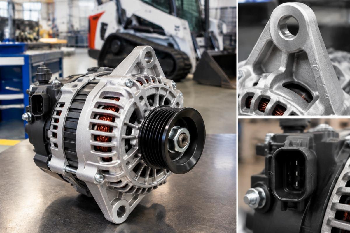 Alternator mounting flange and electrical connector detail for Bobcat track loader fitment