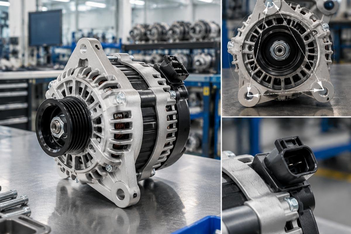 Alternator mounting flange detail showing 138mm hole pattern and T-plug connector orientation