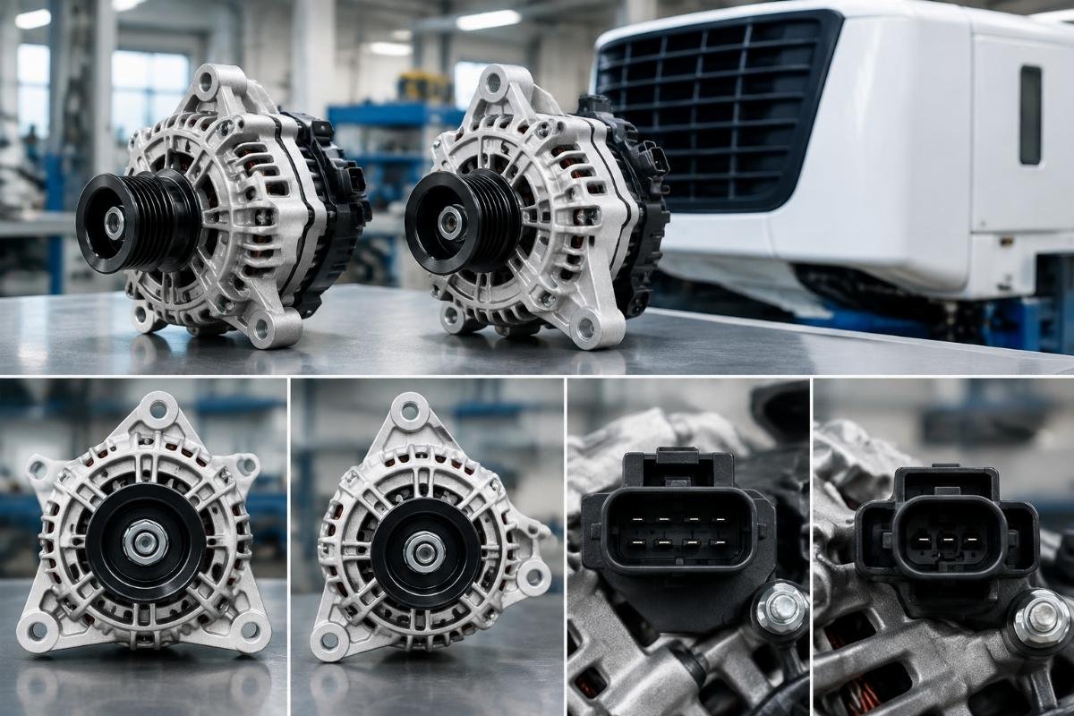 Alternator mounting pattern and connector detail comparison for Carrier refrigeration unit fitment