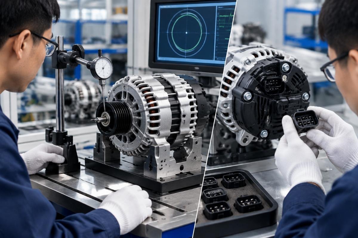Alternator shaft runout measurement and connector pin layout verification