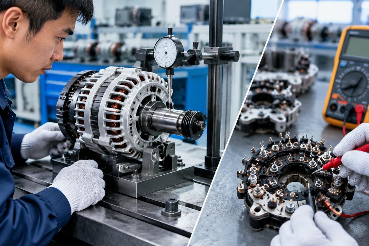 Alternator shaft runout measurement and diode bridge inspection detail