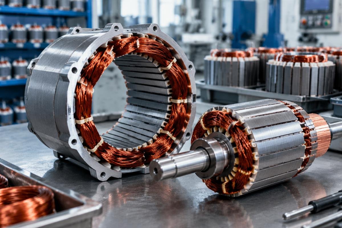 Alternator stator core and rotor winding detail showing copper windings and lamination stack