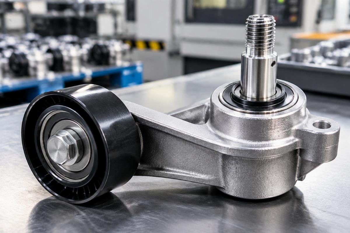 Belt tensioner arm pivot shaft and bearing assembly close-up