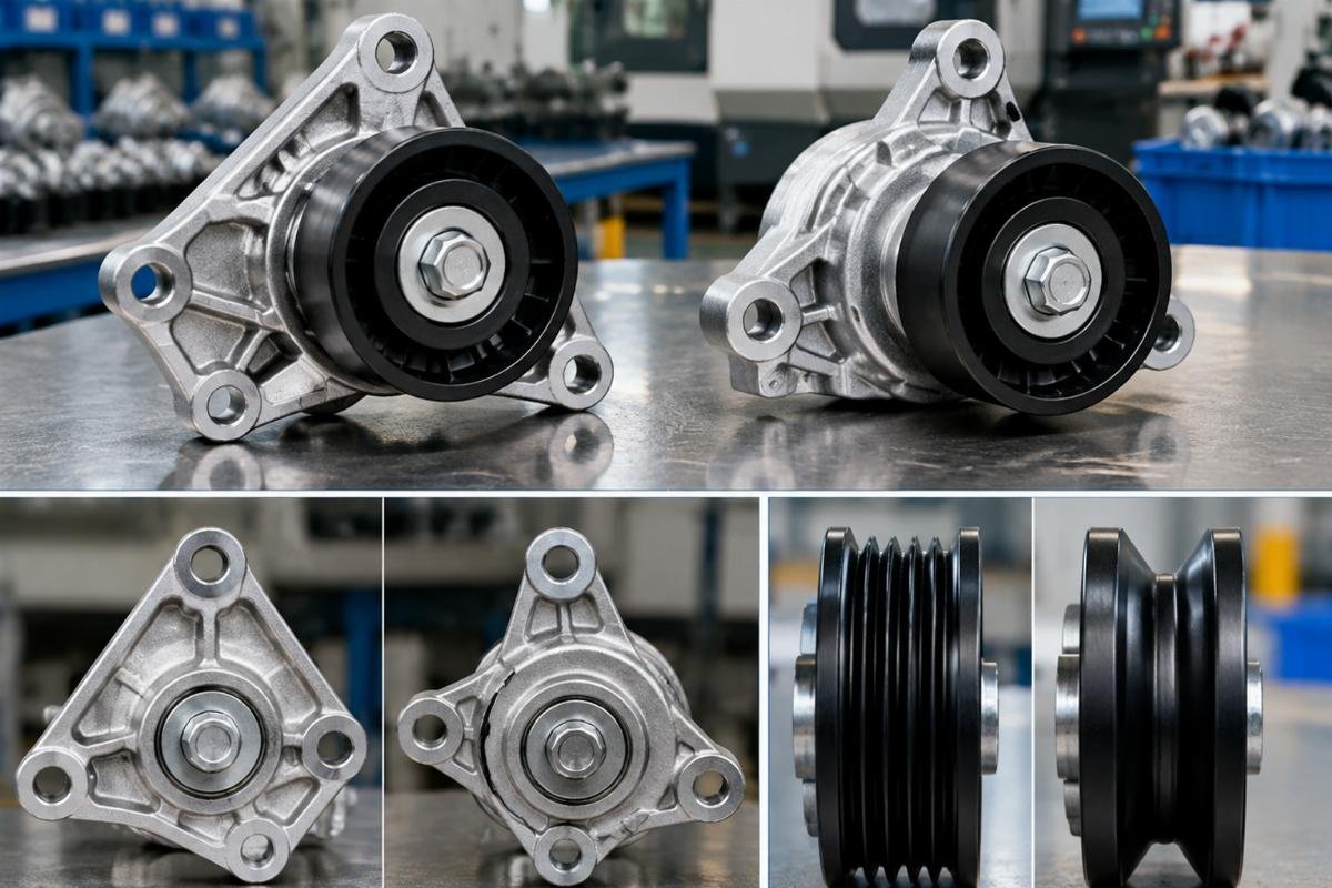 Belt tensioner mounting bracket bolt pattern and pulley groove profile comparison