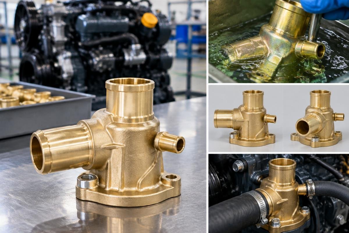 Brass thermostat housing passivation detail and bypass port orientation for Kubota D-series engines