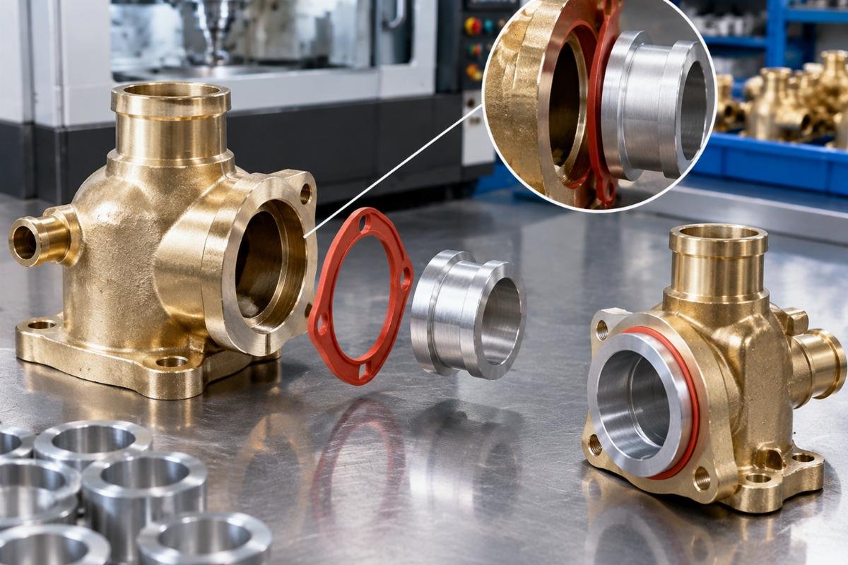 Brass thermostat housing with silicone gasket and aluminum bushing showing port alignment detail