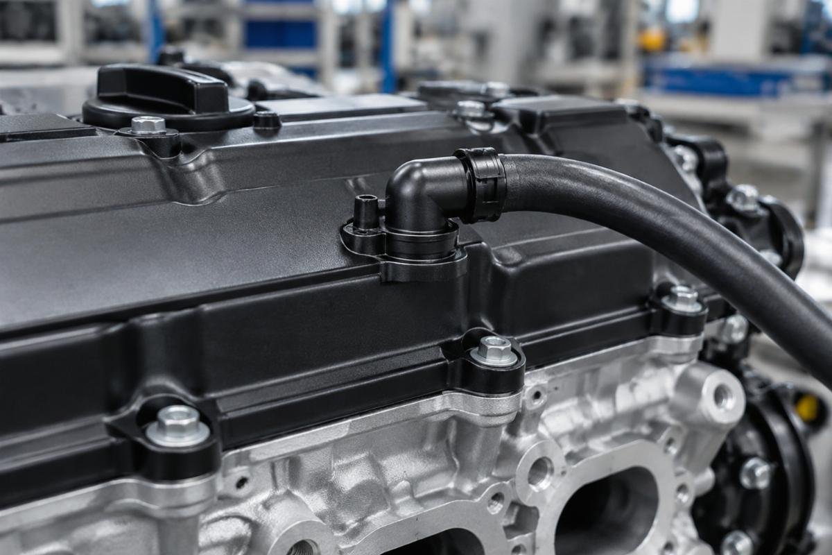 Breather line connection port detail at cylinder head cover interface