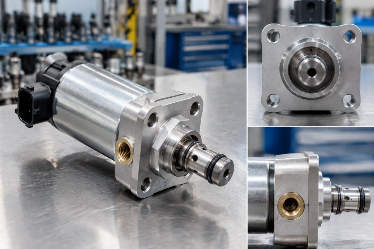 Close-up of 35DZS1E2 stop solenoid showing mounting hole pattern and fuel port orientation