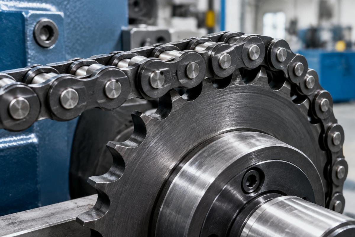 Close-up of 420 chain engaged on 25T sprocket showing pitch alignment and link seating