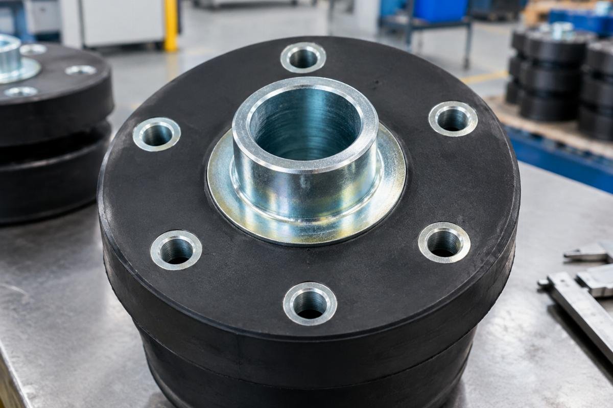 Close-up of 62 mm bolt-hole pattern and zinc-plated steel insert on cushion damper