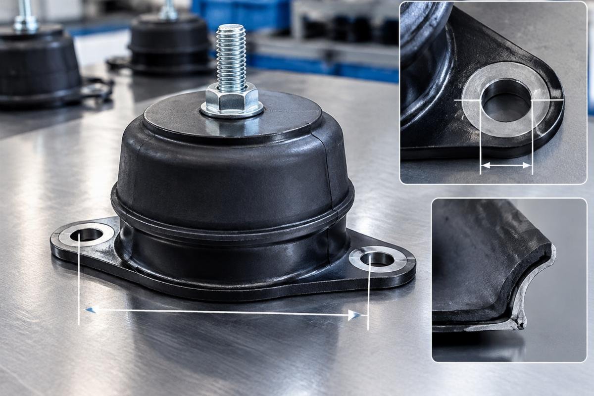 Close-up of cushion damper mounting hole spacing and rubber base profile