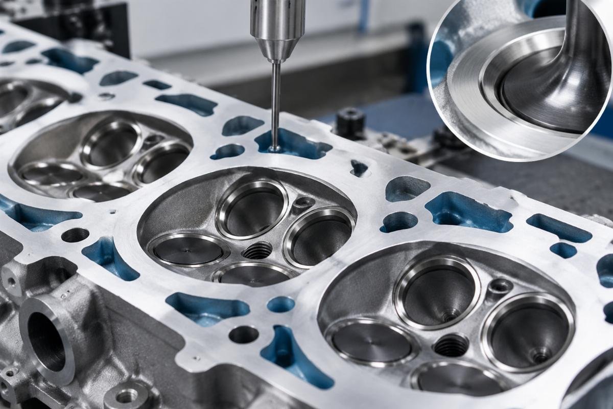 Close-up of cylinder head coolant passage alignment and valve seat detail