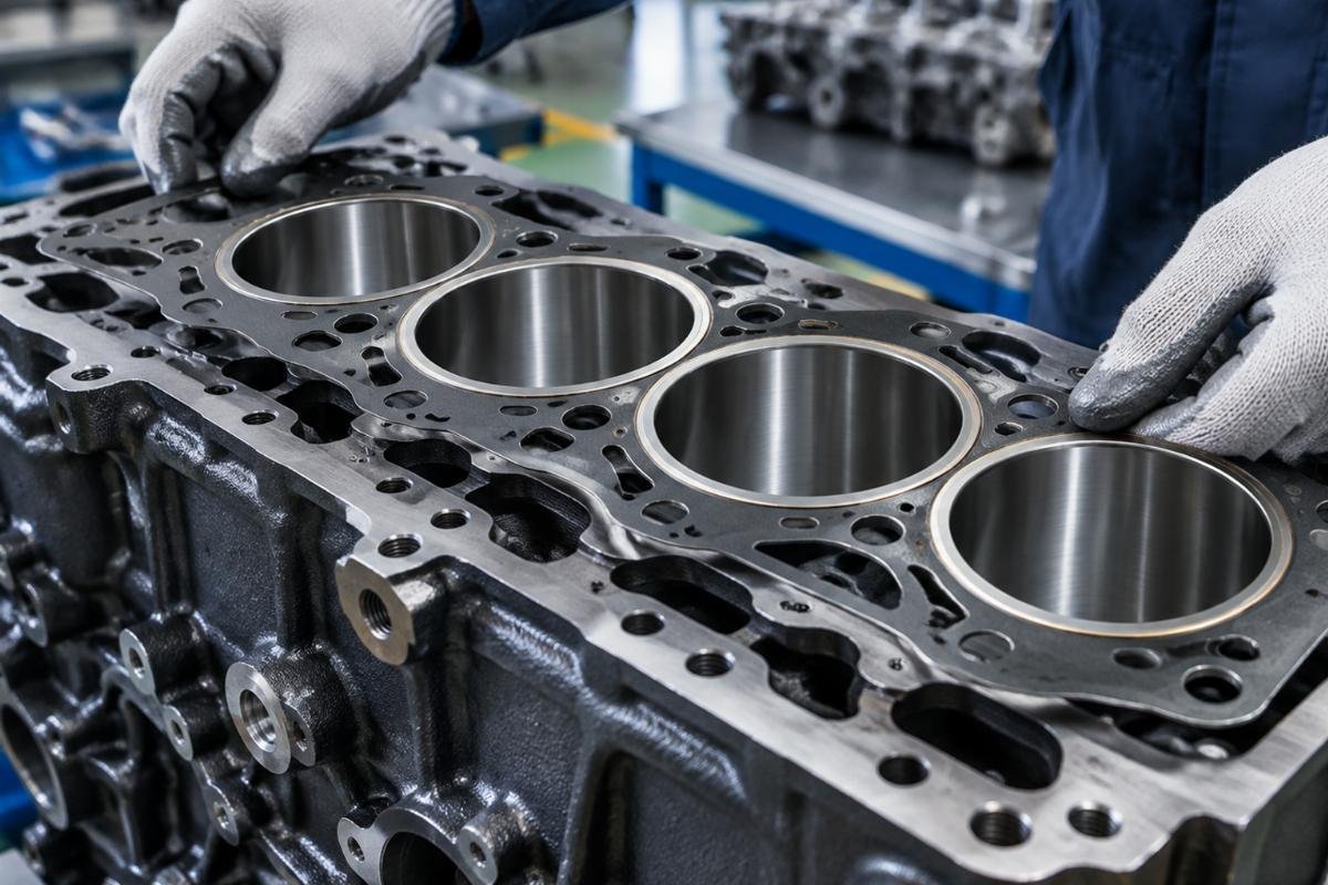 Close-up of cylinder head gasket fire ring alignment on Kubota V3307 block mating surface