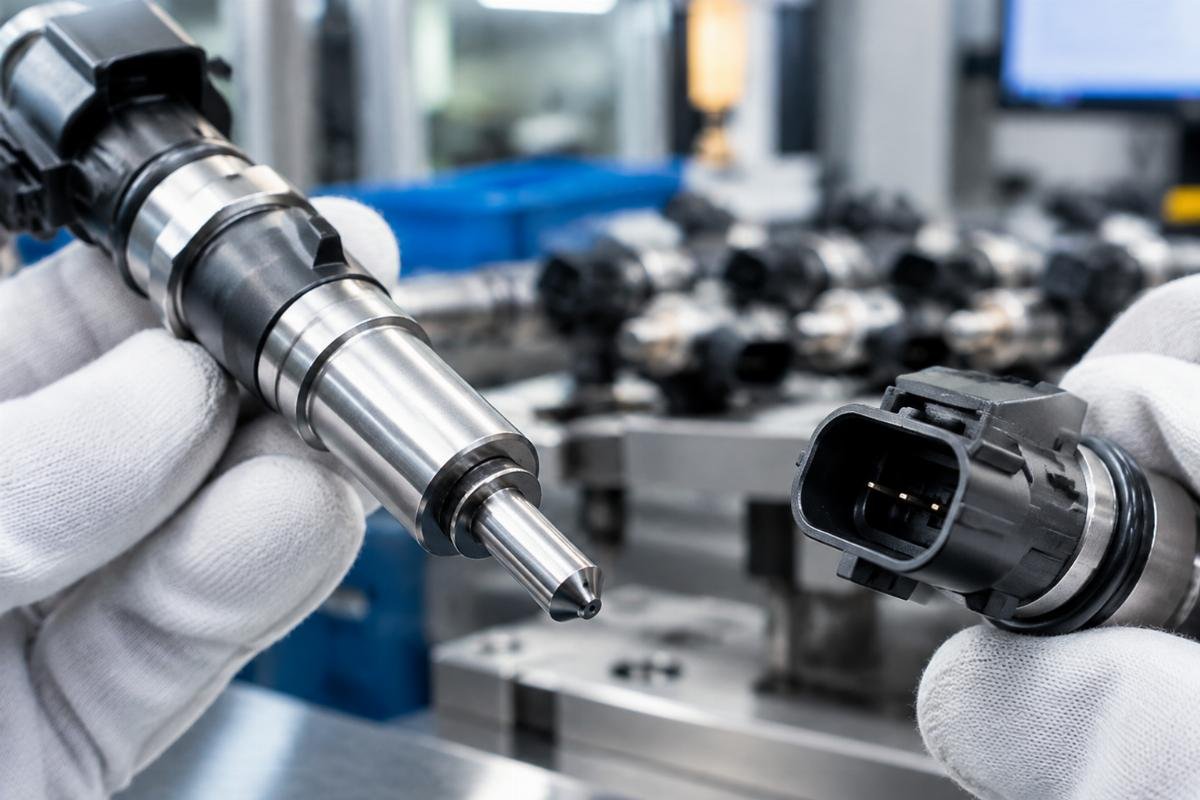 Close-up of injector nozzle tip and solenoid connector for fitment verification