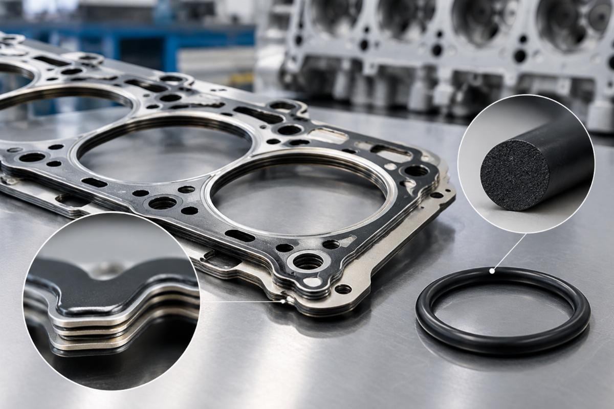 Close-up of MLS cylinder head gasket embossment profile and NBR O-ring cross-section comparison