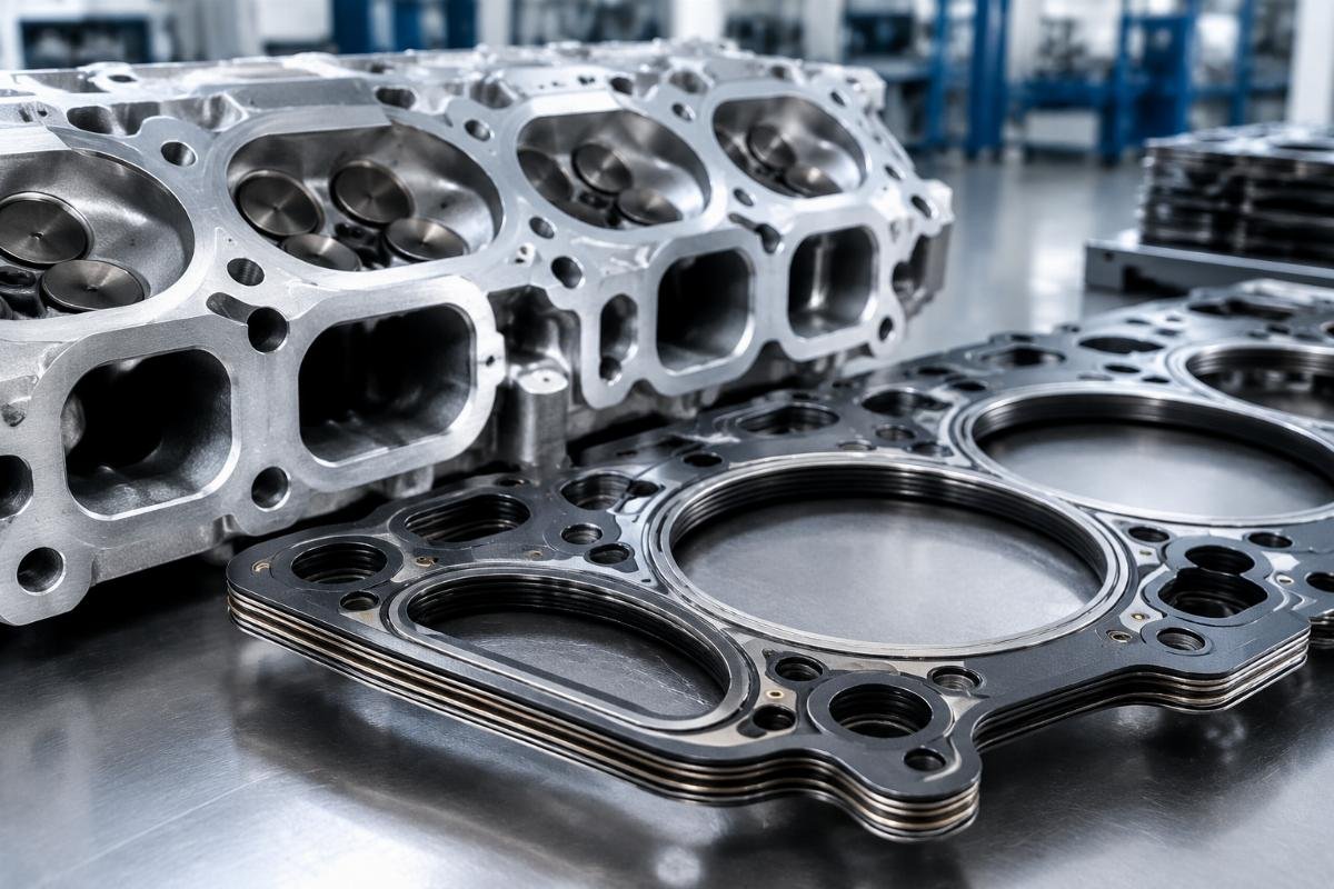 Close-up of MLS cylinder head gasket layer structure and port alignment