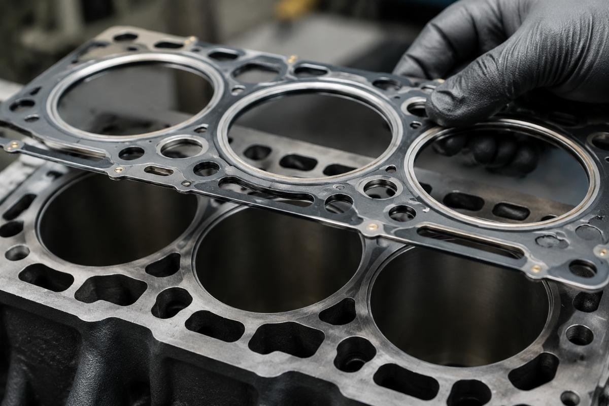 Close-up of MLS head gasket bore alignment against S4L2 cylinder block deck surface showing coolant passage match