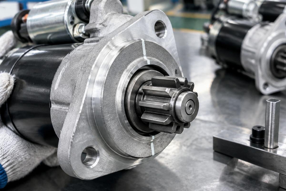 Close-up of starter motor pinion gear spline profile and mounting flange alignment marks
