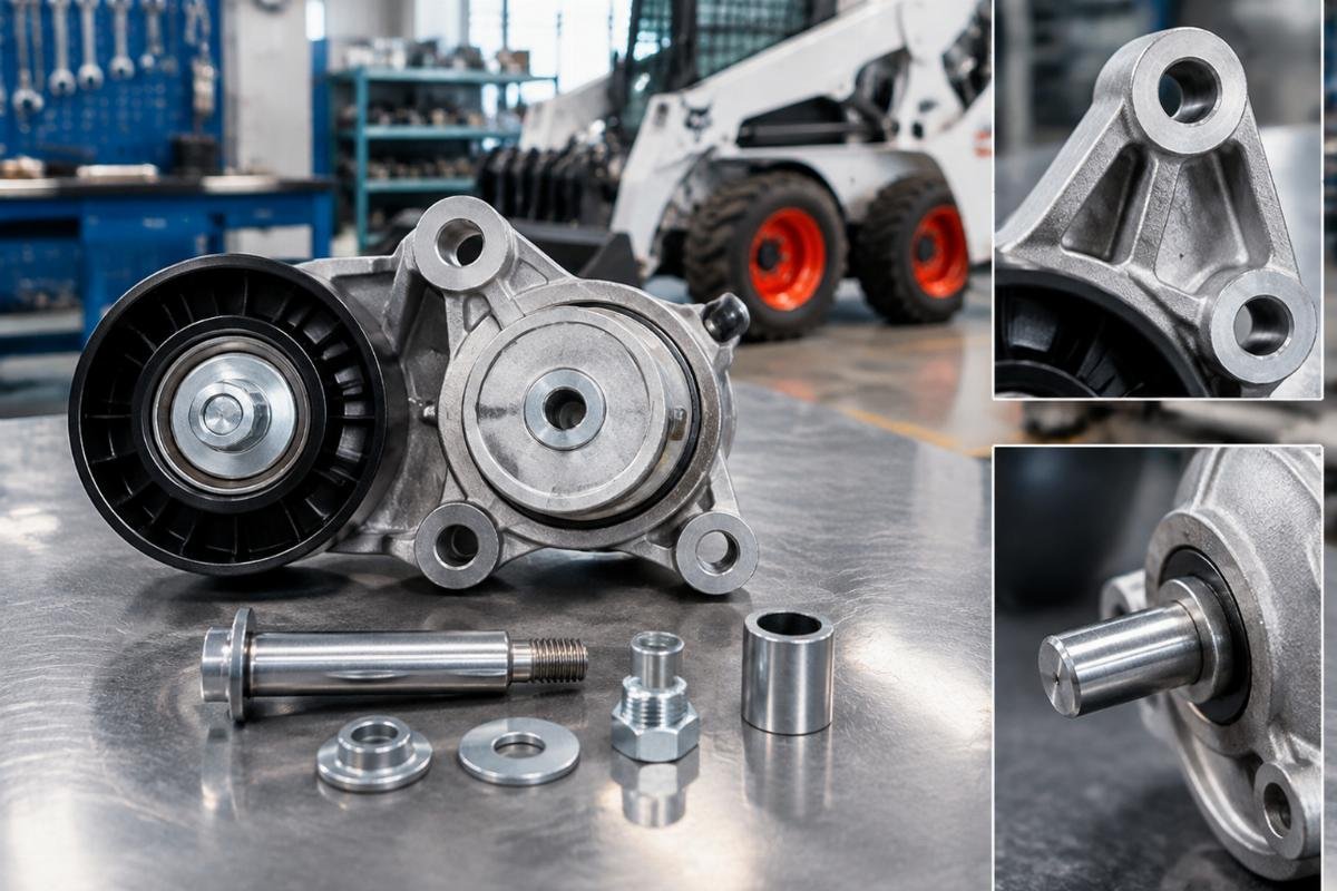 Cooling Fan Belt Tensioner Kit for Bobcat Skid Steer showing mounting bores and pivot shaft detail