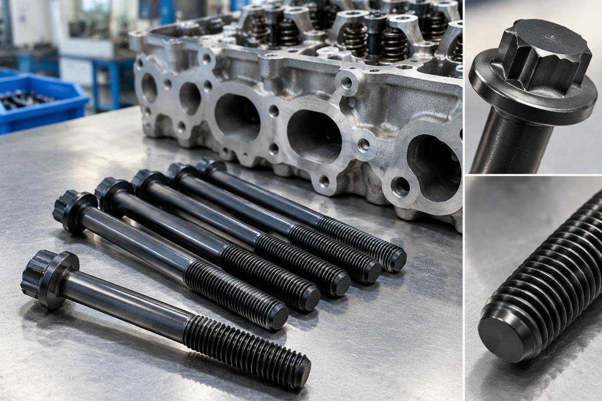 Cylinder head bolt for Toyota 4Y engine showing thread detail and flange face profile