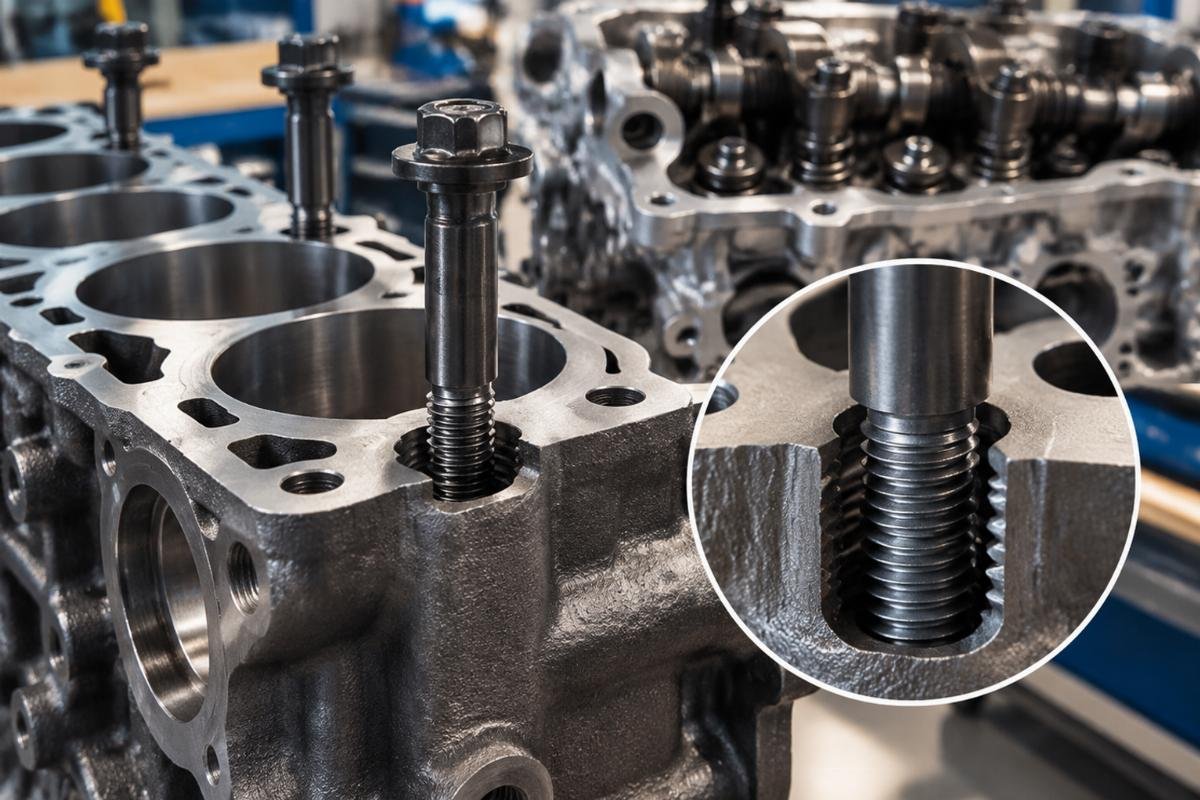 Cylinder head bolt thread engagement detail in Toyota 4Y engine block