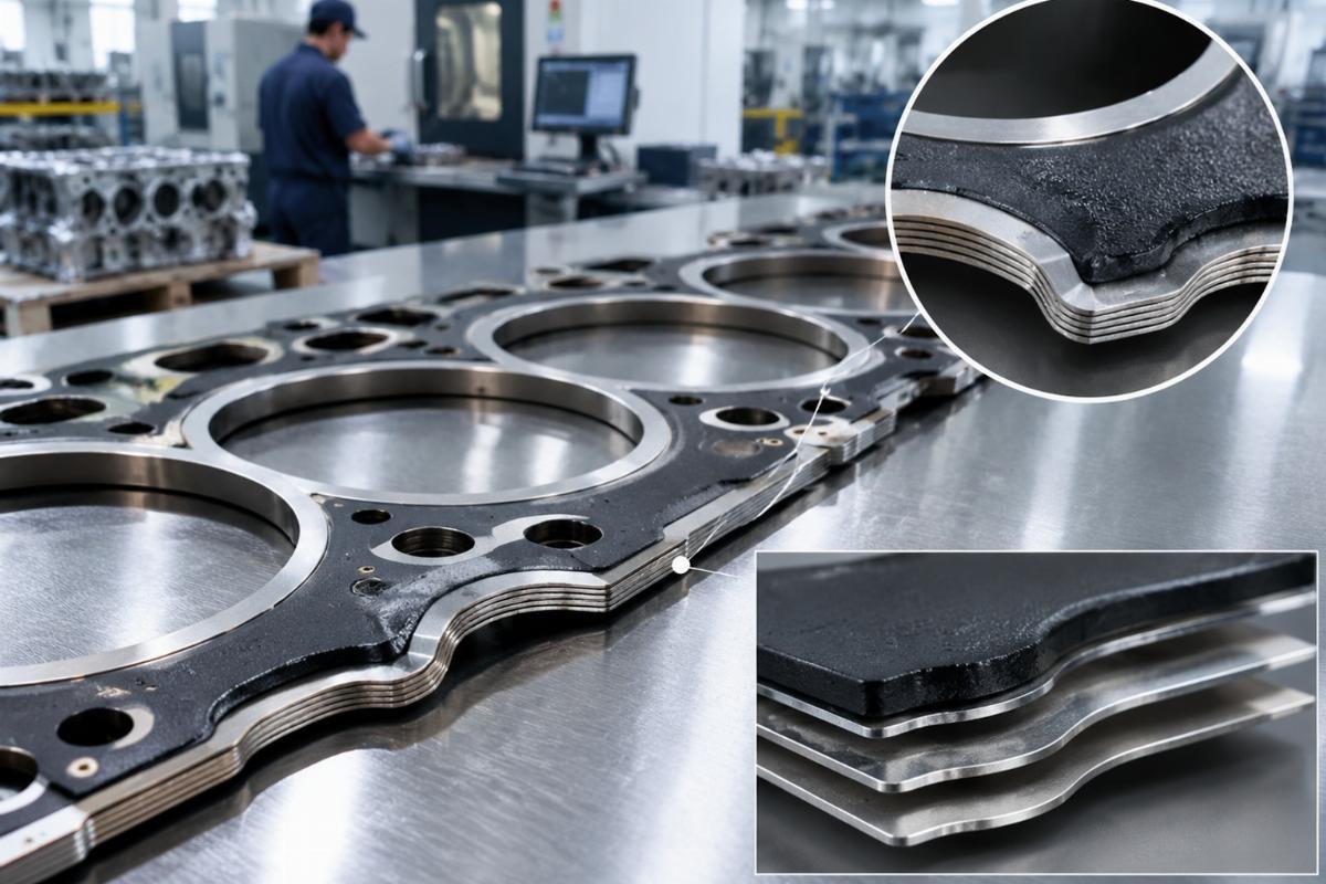 Cylinder head gasket cross-section showing multi-layer steel construction with elastomer coating detail