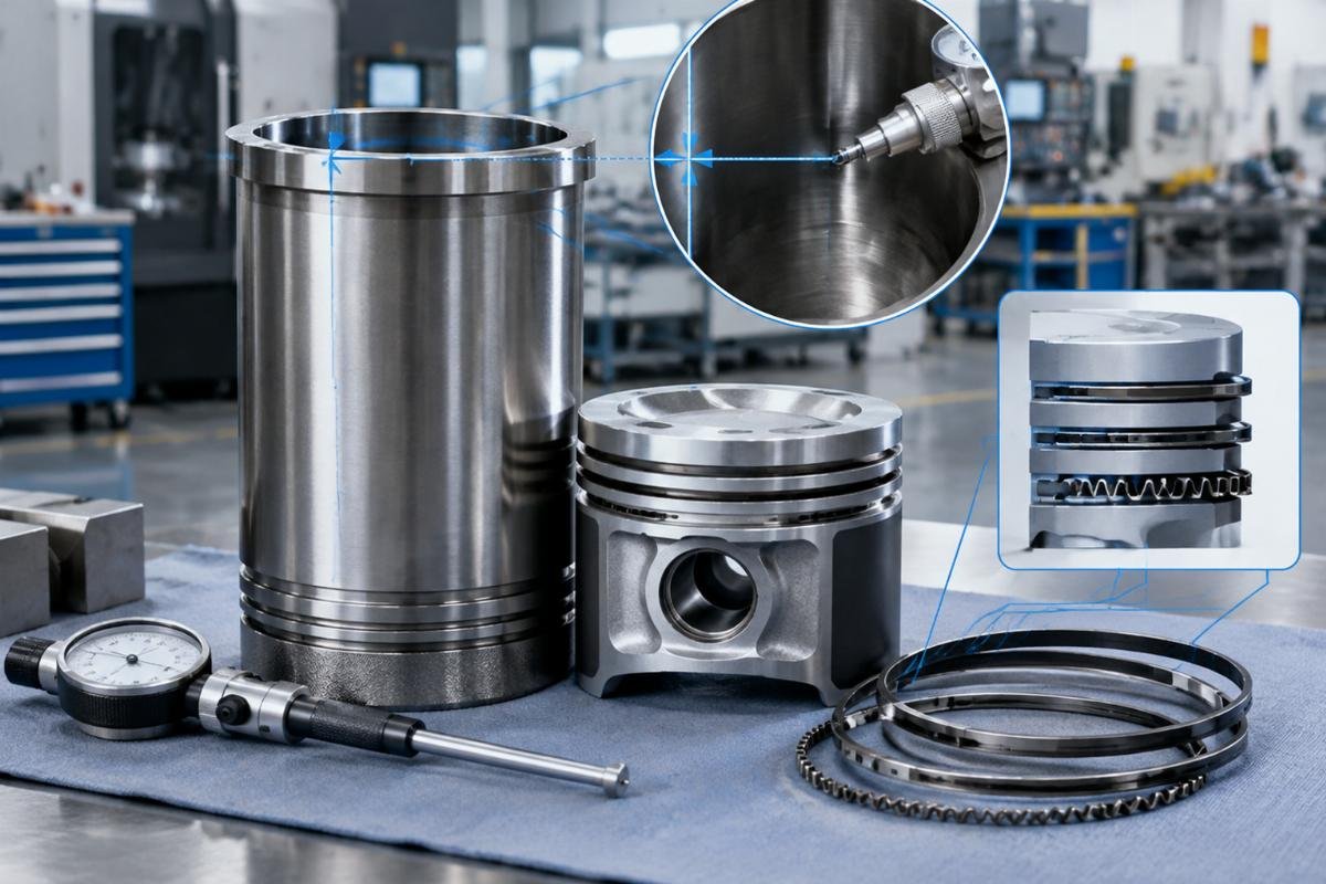 Cylinder liner and piston assembly detail showing OD tolerance and ring pack configuration