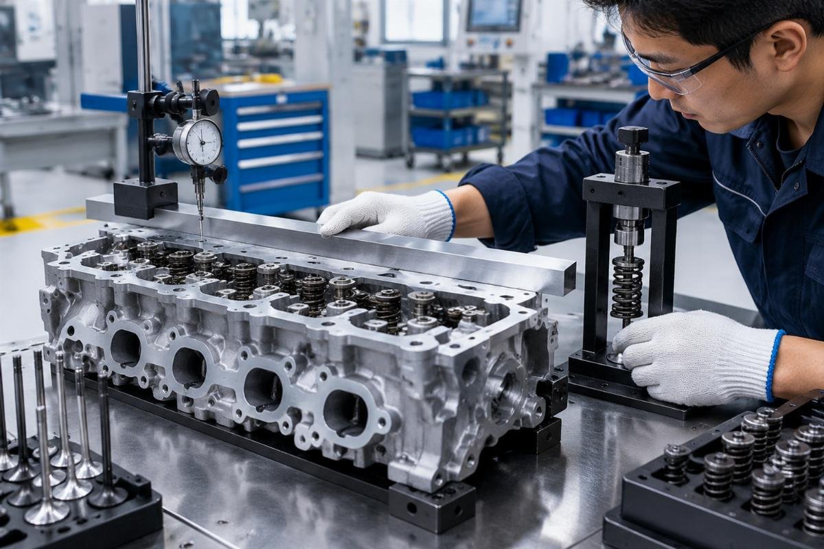Deck surface flatness verification and valve spring load check on assembled cylinder head