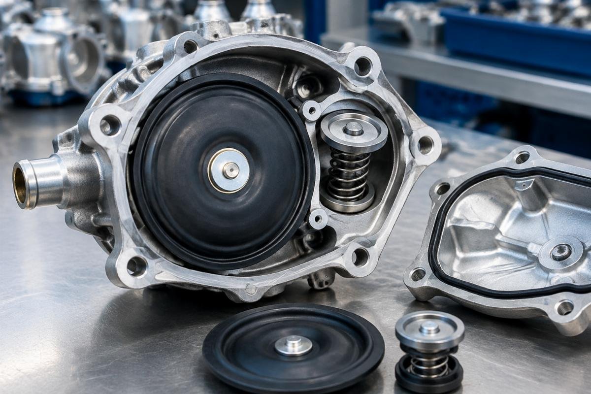 Diaphragm and check valve assembly inside vacuum fuel pump housing
