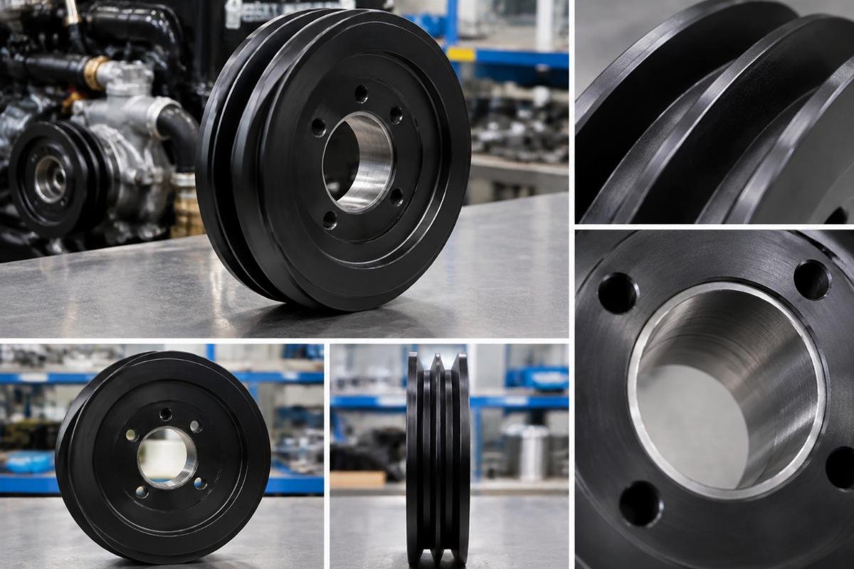 Double V-Belt Sea Water Pump Pulley for Volvo Penta 4.3L 5.0L 5.7L showing groove profile and bore detail