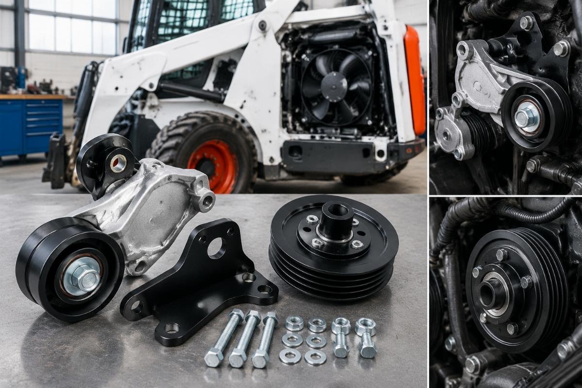 Drive Belt Tensioner & Fan Pulley Kit for Bobcat Skid Steers showing mounting bracket and pulley hub detail