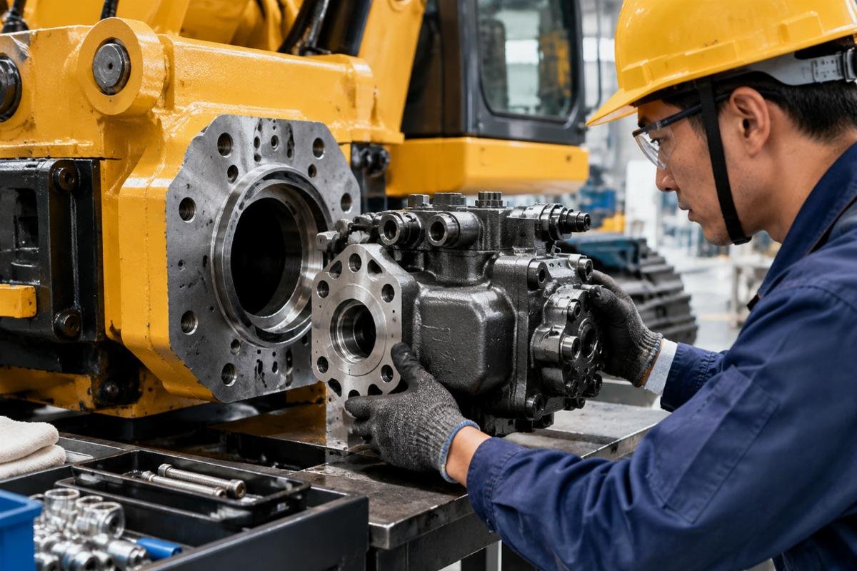 Excavator parts fitment detail showing port position and mounting flange verification