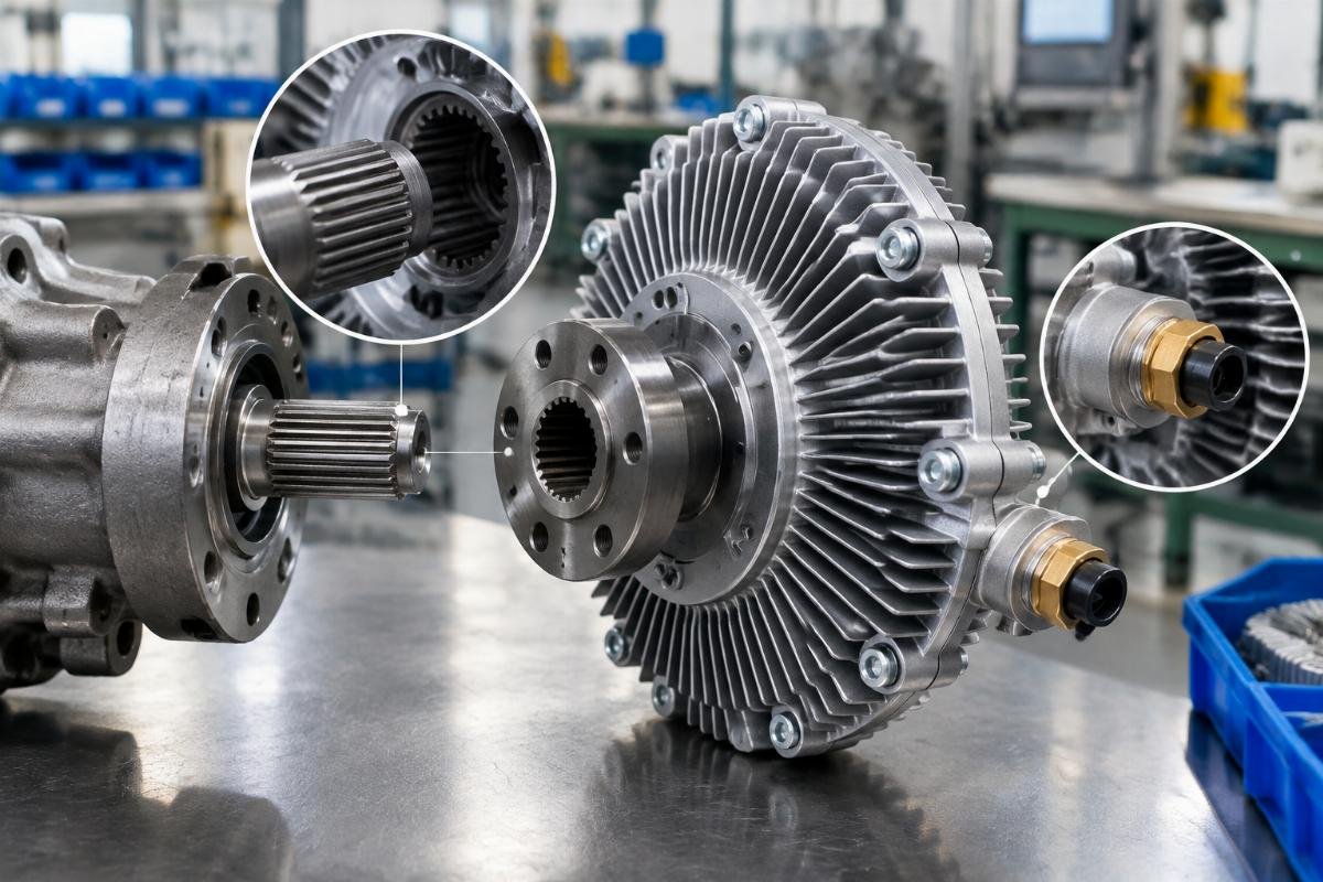 Fan clutch assembly showing spline engagement and thermal actuator port position
