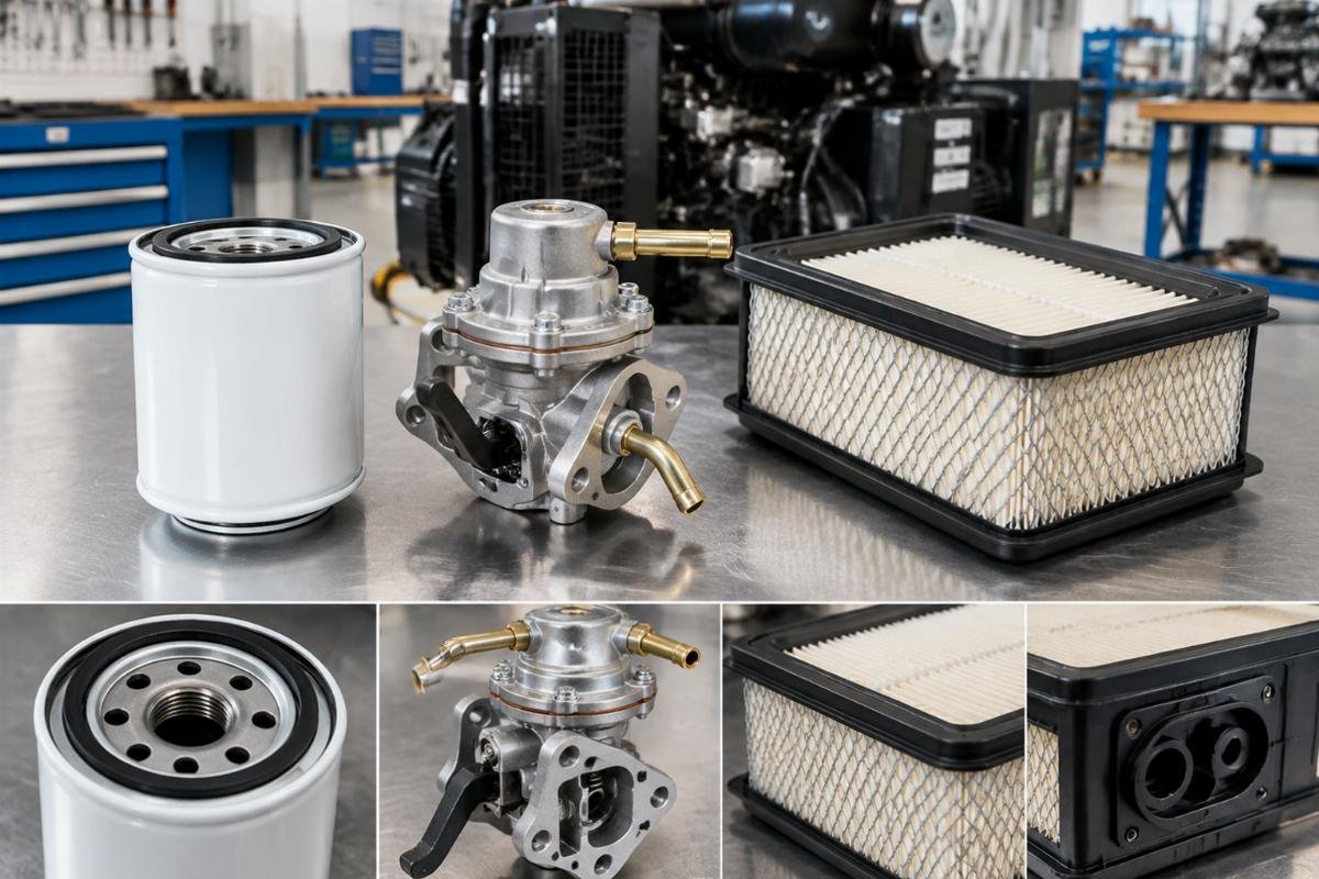 Fuel filter, fuel pump, and air filter set with port orientation detail for Onan KY 4000 cross reference fitment